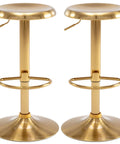 Adjustable Swivel Bar Stools Set Of 2 Round Gold Brushed Metal Airlift Stools Slick Backless Counter Height Chairs