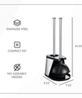 Heavy Duty Toilet Brush And Plunger Combo With Killer Suction And Sturdy Bristles For No Sweat Clog Removal Plus Straight Up Bathroom Deep Cleaning Freshness In Black, compact stainless steel set, 34.33" high.