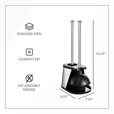 Heavy Duty Toilet Brush And Plunger Combo With Killer Suction And Sturdy Bristles For No Sweat Clog Removal Plus Straight Up Bathroom Deep Cleaning Freshness In Black, compact stainless steel set, 34.33" high.