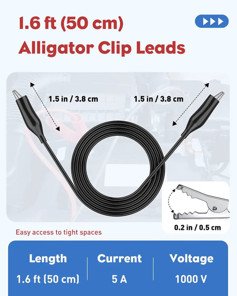 11 Piece Multimeter Leads Kit With Back Probes And Dual Ended Alligator Clips Crocodile Clips shown with 1.6 ft alligator clip leads.