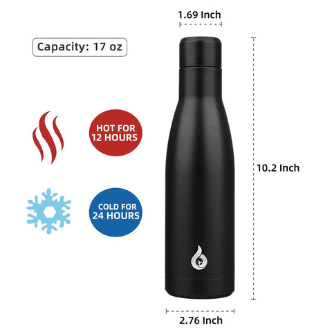 Boss Grade 17 Oz Insulated Thermal Water Bottle With Airtight Drip Proof Lid Double Wall Vacuum, black, 10.2 inches tall.