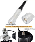 Dual Band Ham Radio Antenna For Cars And Trucks, 144 And 430 MHz, detachable connectors and mounting options shown