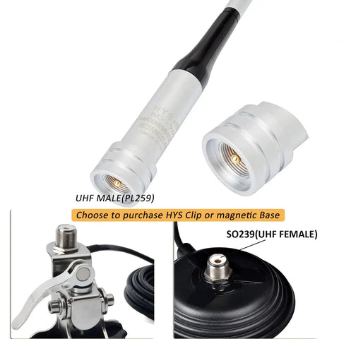 Dual Band Ham Radio Antenna For Cars And Trucks, 144 And 430 MHz, detachable connectors and mounting options shown