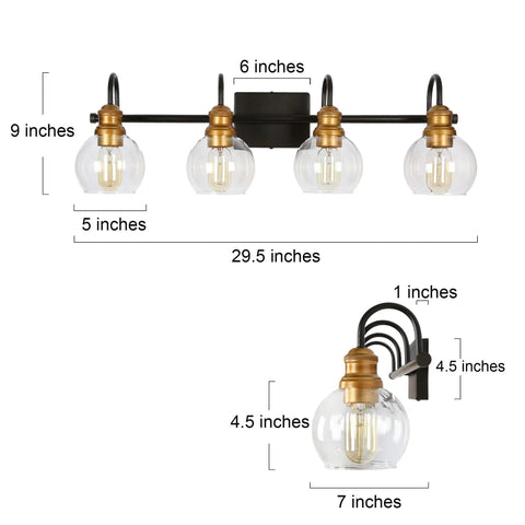 Dimensions of 4 Light Modern Farmhouse Vanity Light Fixture In Black With Oil Rubbed Bronze Finish And Clear Globe Glass Shades 29.5 Inch Bar Design