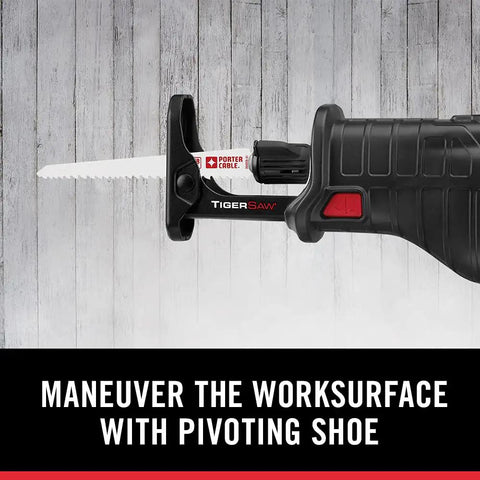 Top Tier 8.5 Amp Orbital Reciprocating Saw With Variable Speed Trigger And Lightning Fast Tool Free Blade Swaps For Slick Wood Cutting And Tough Demo Work with pivoting shoe.