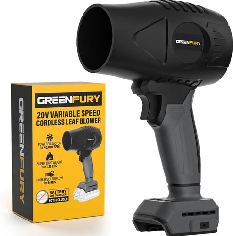 Cordless Leaf Blower With 20V Max Battery Compatibility, 430 CFM And 125 MPH Powerful Airflow Lightweight Handheld Blower Next to Box