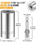 Universal Socket Set For Seven To Nineteen Millimeters And Eleven To Thirty Two Millimeters With A Multi Function Socket Tool And Drill Adapters Three Eighths Inch And One Half Inch Must Have For Auto Work Home Repairs Handyman Gear And Diy Gifts For Dad, chrome vanadium socket and adapter measurements visible.