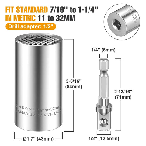 Universal Socket Set For Seven To Nineteen Millimeters And Eleven To Thirty Two Millimeters With A Multi Function Socket Tool And Drill Adapters Three Eighths Inch And One Half Inch Must Have For Auto Work Home Repairs Handyman Gear And Diy Gifts For Dad, chrome vanadium socket and adapter measurements visible.