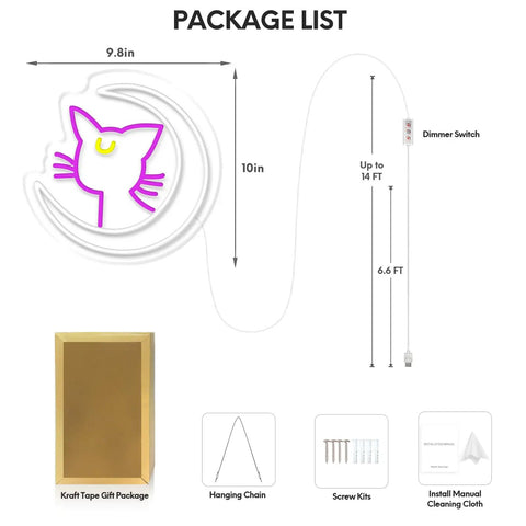 Anime Luna Neon Sign LED Dimmable Moon Cat Night Light packaging, includes neon sign, hanging chain, dimmer switch, and screws.