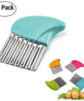 Front view of turquoise multi-blade crinkle cutter with stainless steel blades for slicing potatoes and vegetables