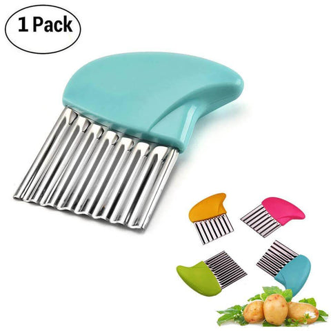 Front view of turquoise multi-blade crinkle cutter with stainless steel blades for slicing potatoes and vegetables