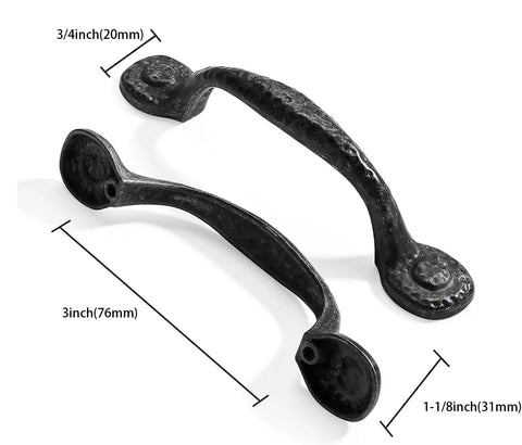 Straight Up Heavy Duty Black Iron Cabinet Pulls Ten Pack With Three Inch Hole Centers, showing dimensions and hammered detail.