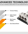 Beefy Three Way Ground Distribution Block For Car Audio Power With 0 Gauge Input And 4 Gauge Output Ports Heavy Duty Ground Splitter For Automotive Truck Boat And Marine Amp Install 1 Pack, chrome-plated zinc block