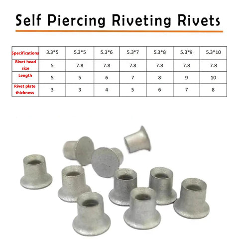 Yunding Aluminum Auto Body Riveting Machine self piercing rivets in various sizes for sheet metal joining and automotive projects.