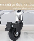Close-up of locking wheels on wide rolling stool with footrest for salon or kitchen, showcasing stability and safety features.