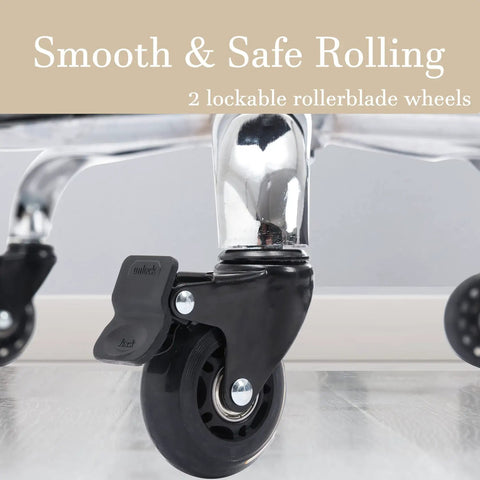 Close-up of locking wheels on wide rolling stool with footrest for salon or kitchen, showcasing stability and safety features.