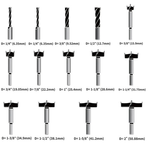 14 Piece Forstner Bit Set With Carbide Tips For Woodworking, Pro Grade Bits For Hard Wood, Plastic, And Plywood displayed with sizes 1/4 to 2 inches.