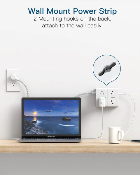 10 Ft Heavy Duty Braided Extension Cord With Surge Protector Power Strip, 8 Outlets And 4 USB Ports mounted on wall.