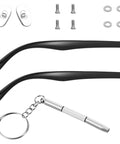 DIY Glasses Temple Replacement Arms Kit With Screws, Washers, Screwdriver And Nose Pads TR90 Eyeglasses Repair Set In Black components shown