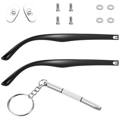 DIY Glasses Temple Replacement Arms Kit With Screws, Washers, Screwdriver And Nose Pads TR90 Eyeglasses Repair Set In Black components shown