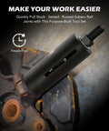 Orion Motor Tech ball joint tool, black puller with threaded stud mounted on a rusted suspension knuckle.
