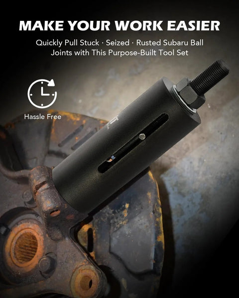 Orion Motor Tech ball joint tool, black puller with threaded stud mounted on a rusted suspension knuckle.