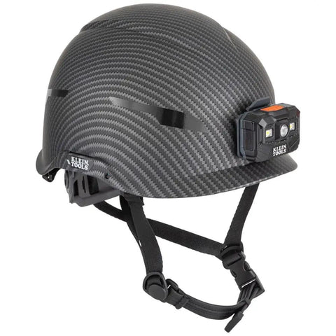 Non-Vented Class E Safety Helmet With Rechargeable Lamp And Chin Strap KARBN Pattern, Tested Up To 20kV, ANSI Z89.1 CSA Z94.1 EN397 Compliant, Durable PC/ABS Build, Hydro-Dipped Modern Worksite Protection Built Tough