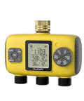 Yellow three zone sprinkler timer for outdoor irrigation with digital display, heavy duty controller, high pressure valve
