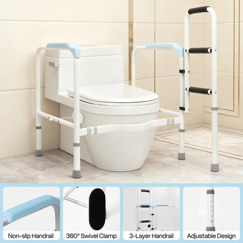 Heavy Duty Aluminum Bathroom Assist Rail Frame For Seniors And Adults Delivers Built Tough Support And Zero Shake Feel During Daily Bathroom Transfers Safely, featuring non-slip handrails.