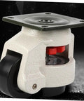 Heavy Hitter Adjustable Leveling Casters Set With Swivel Plate Mount Rock Solid Wheels For Workbenches Industrial Gear And Shop Furniture No Hassle Setup Four Pack Universal Flat Base close-up with red locking mechanism and anti-skid wheel.