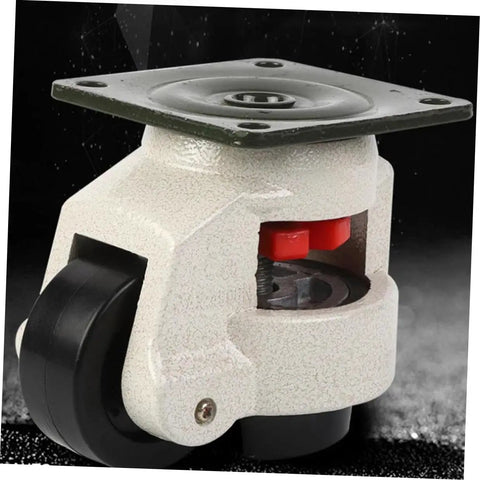 Heavy Hitter Adjustable Leveling Casters Set With Swivel Plate Mount Rock Solid Wheels For Workbenches Industrial Gear And Shop Furniture No Hassle Setup Four Pack Universal Flat Base close-up with red locking mechanism and anti-skid wheel.
