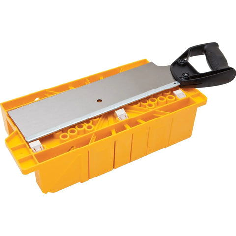 Miter Box With Saw For Clean 90 45 And 22.5 Degree Angled Cuts, Handy Storage, Yellow Plastic with Black Handle