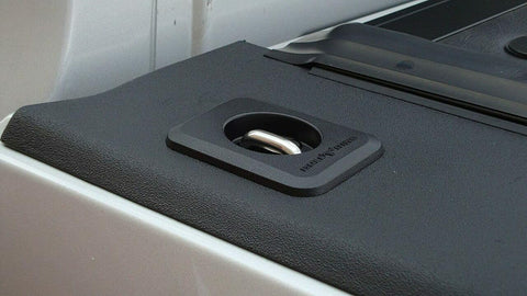 Retractable Truck Bed Tie Down Anchors 2-Pack With Raised Fit OE Texture Top Rail Mount showing installed on truck bed