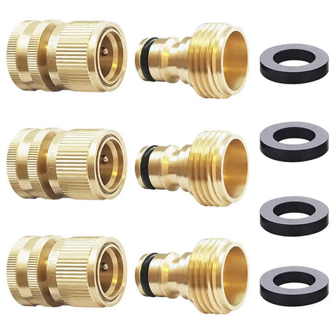Solid Brass Garden Hose Quick Connect Set Heavy Duty Three Quarter Inch GHT Quick Connectors For Fast Hassle Free Water Flow 3 Pack