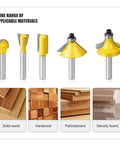Top Tier 15 Pc Router Bit Set With 8mm Shank Carbide Cutting Edges For Precision Wood Trimming showing various bit profiles and materials.