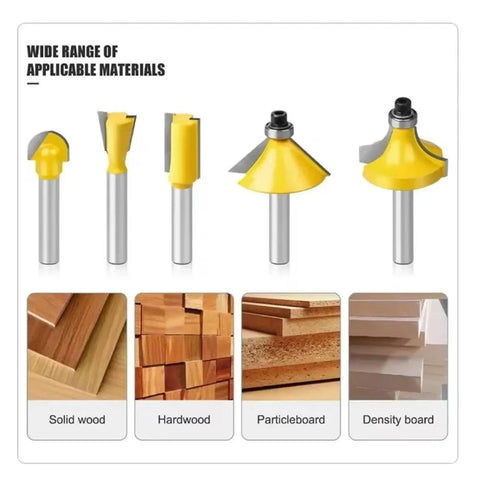 Top Tier 15 Pc Router Bit Set With 8mm Shank Carbide Cutting Edges For Precision Wood Trimming showing various bit profiles and materials.