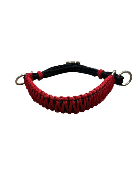 Side Pull Hackamore Whoa Bitless Bridle Attachment For Your Headstall Turn Any Bridle Into A Gentle Bitless Ride Easy Clip On Design All Sizes Red Black Or Brown Chinstrap For Horse Tack Training And Everyday Riding shown with red and black paracord design