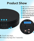 Diagram of a 360 Degree Rotating Display Stand with Motorized Spinning Platform showing functions and battery compartments.