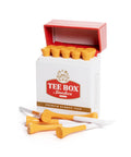 Tee Box Smokes Premium Bamboo Golf Tees Magnetic Reusable Tee Case with 10 orange tees and red lid, eco-friendly bamboo golf accessory.