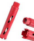 Dry And Wet Multipurpose Diamond Core Drill Bit One Inch With Laser Welded Diamond Coated Hole Saw For Reinforced Concrete Brick And Hard Masonry Heavy Duty Design And Tough As Nails Versatile Performance showing front and side views of red drill bit.