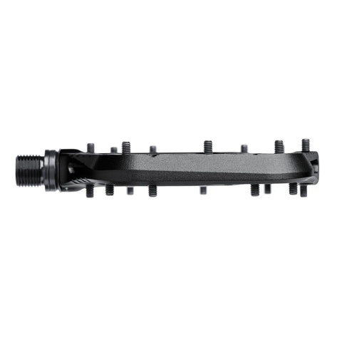 Side view of Wave Pedals Black With Convex Front And Concave Back showing sealed chromoly axle and grip pins for secure foot contact