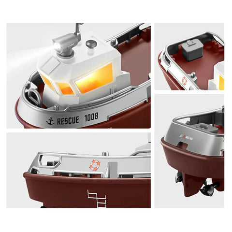 Close-up of RC Tugboat Remote Control Boat For Pools And Lakes with LED lights, rescue decals, and red hull showcasing details.