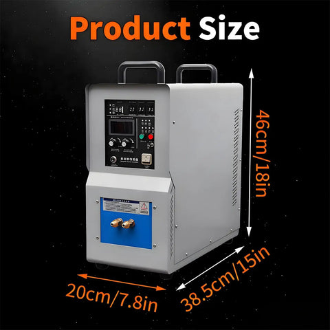 Heavy Duty 15KW Industrial Induction Heater With Rock Solid Safety Shield And Smooth Water Cooling System side view showing dimensions 46cm x 20cm x 38.5cm.