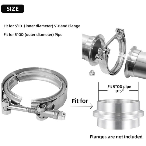 5 Inch Stainless Steel 304 V Band Clamp For Exhaust Flanges, showing durable bolt style fit for 5 inch OD and ID pipes
