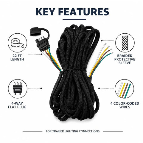 Ultimate 22 Foot 4 Pin 5 Wire Trailer Wiring Harness With Waterproof Connectors And Nylon Sleeve For Boats ATVs Trailers Easy Install Brake Lights Turn Signals, 22 ft