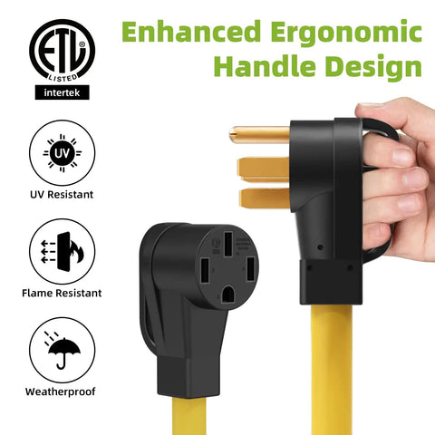 Heavy Duty 50 Amp NEMA 14-50 Y Splitter Adapter with ergonomic handle and safety features for dual RV outlets.