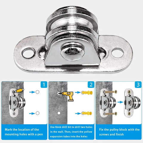 Beefy Heavy Duty Fixed Pulley Block Wheel Set For Cord Handling Silent Wall Or Ceiling Mount Pulleys 176 Lb Load Capacity Durable Carbon Steel Construction Ideal For DIY Moving And Material Handling 2 Pack shown with installation steps