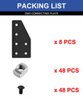 Packing list showing components of Eight Piece 2040 Aluminum Extrusion L Bracket Corner Joint Plates With 6 Holes V Slot T Slot Hardware Gear Kit