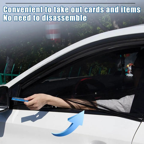 Custom Fit Car Window Sunshades For Tesla Cybertruck 2024 Plus 4 Piece Set shown on car window allowing easy access to items.