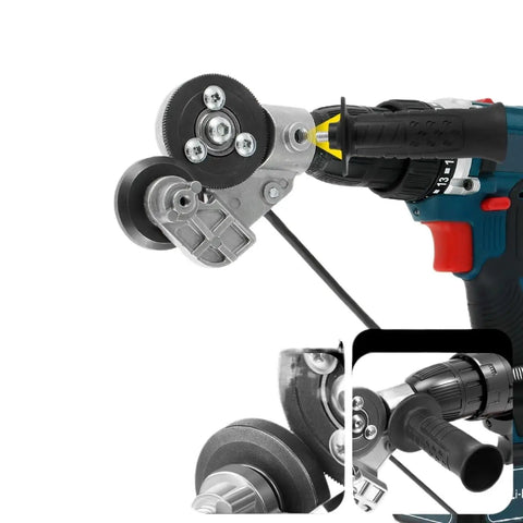 Electric Drill Attachment Nibbler Tool, Metal Sheet Plate Cutter Punch For Free Cutting Sawing Light Grey with detailed view of cutting wheel.